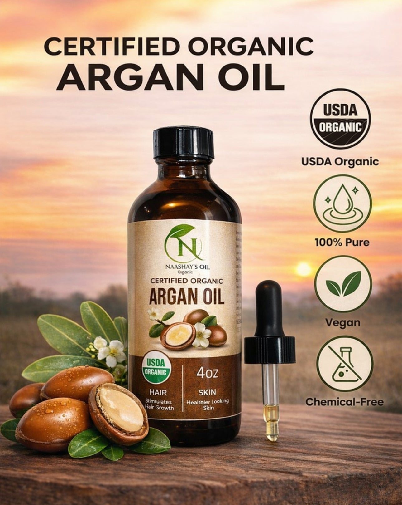 ARGAN OIL ORGANIC 100% Pure - for Hair, Face & Skin | Cold Pressed Carrier Oil