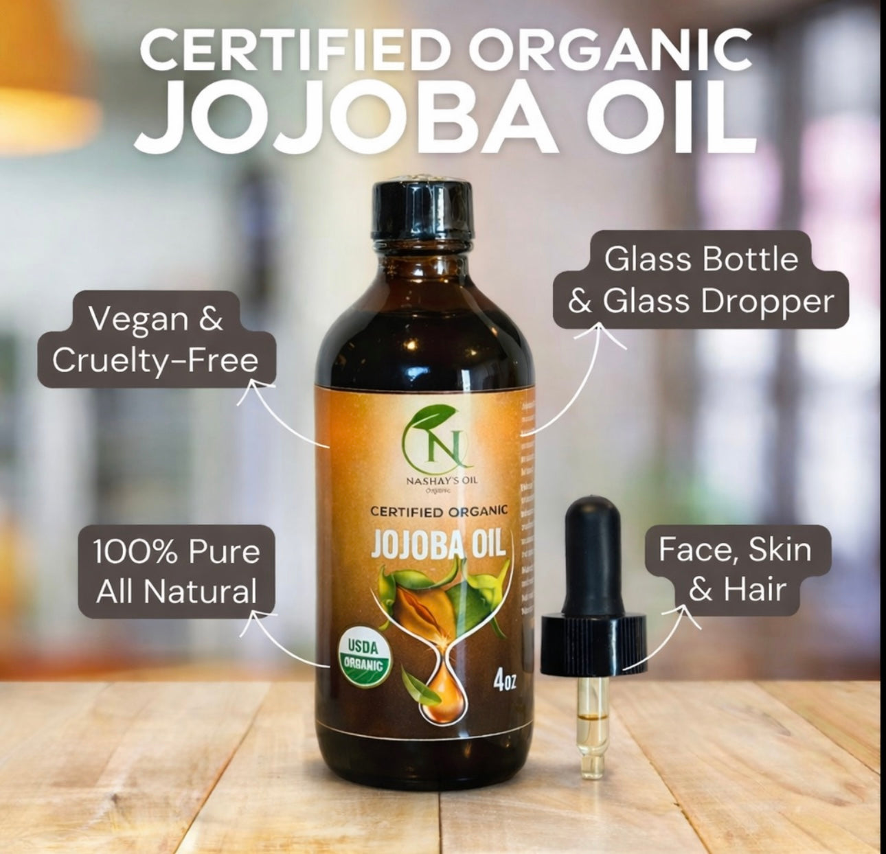 ORGANIC JOJOBA Oil USDA Certified Organic - 4 Fl Oz in Glass Bottle 100% Pure Organic, Unrefined, Cold Pressed Moisturizing Face, Hair, Body, Skin Care