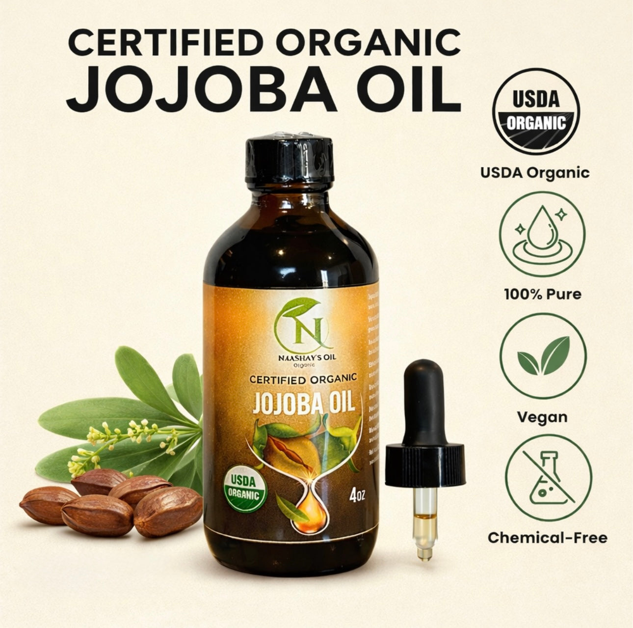 ORGANIC JOJOBA Oil USDA Certified Organic - 4 Fl Oz in Glass Bottle 100% Pure Organic, Unrefined, Cold Pressed Moisturizing Face, Hair, Body, Skin Care